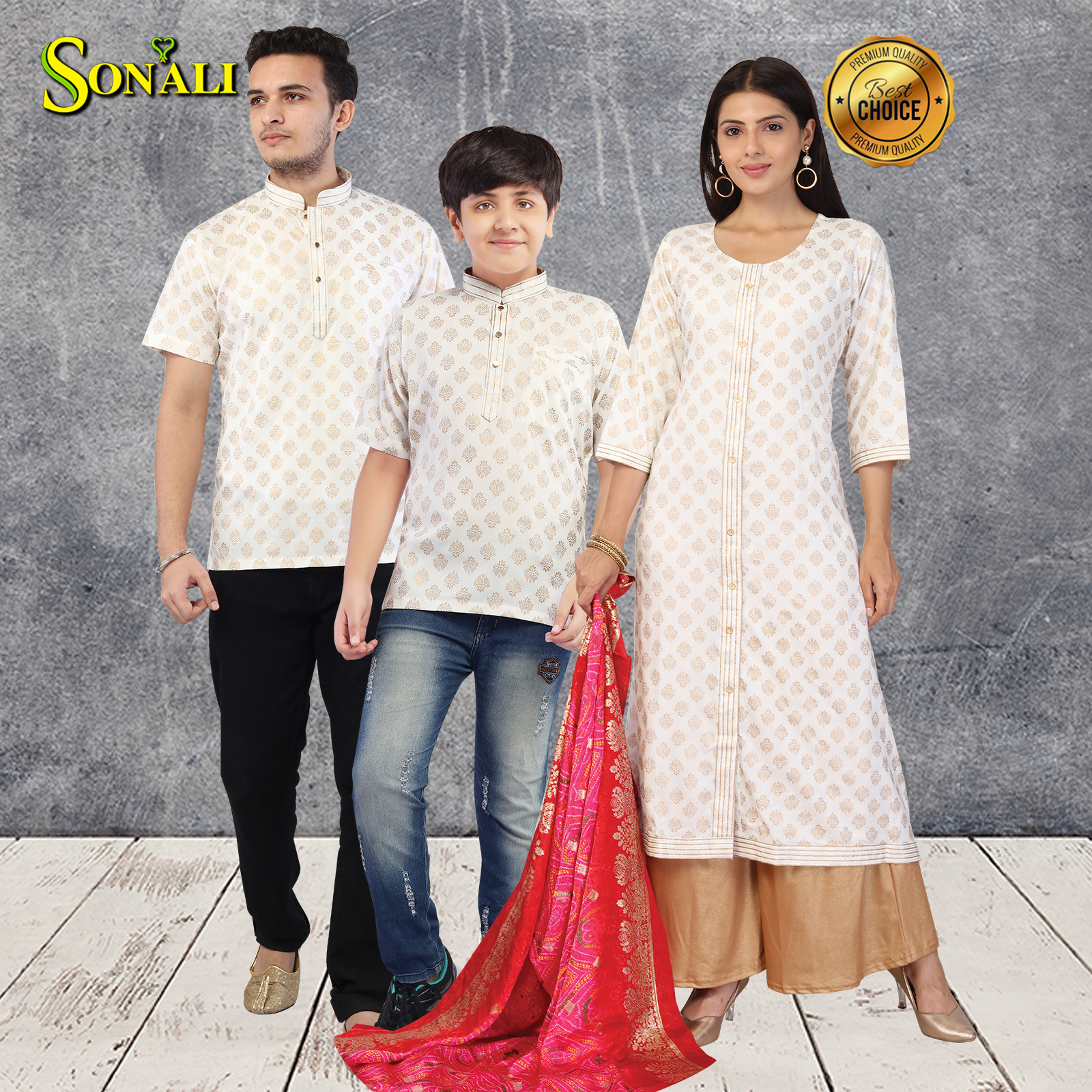 Sonali Premier Quality Family Collections Men Shirt Kurtis Women Kids Wear Kemeja Labuh Baju Sedondon Kemeja Lelaki Q1668/Q1669/Q1670