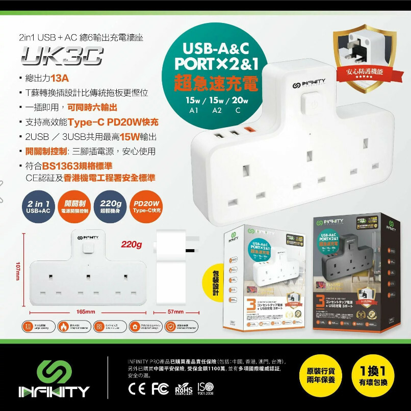 INFINITY UK3C  2in1 USB＋AC 總6輸出充電牆座|日本熱賣No.1【10/19 截單，預計 :10月尾至11月中發貨】】