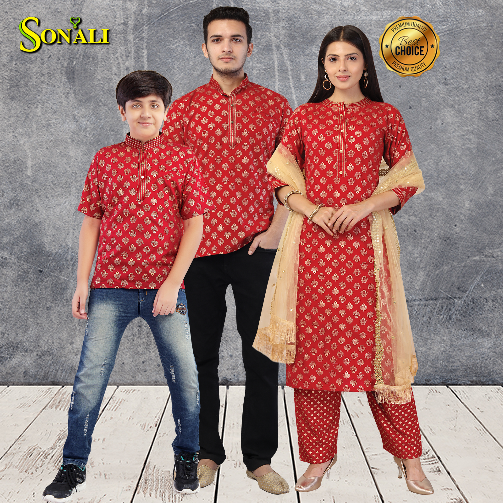 Sonali Premier Quality Family Collections Men Shirt Kurtis Women Kids Wear Kemeja Labuh Baju Sedondon Kemeja Lelaki Q1665/Q1666/Q1667