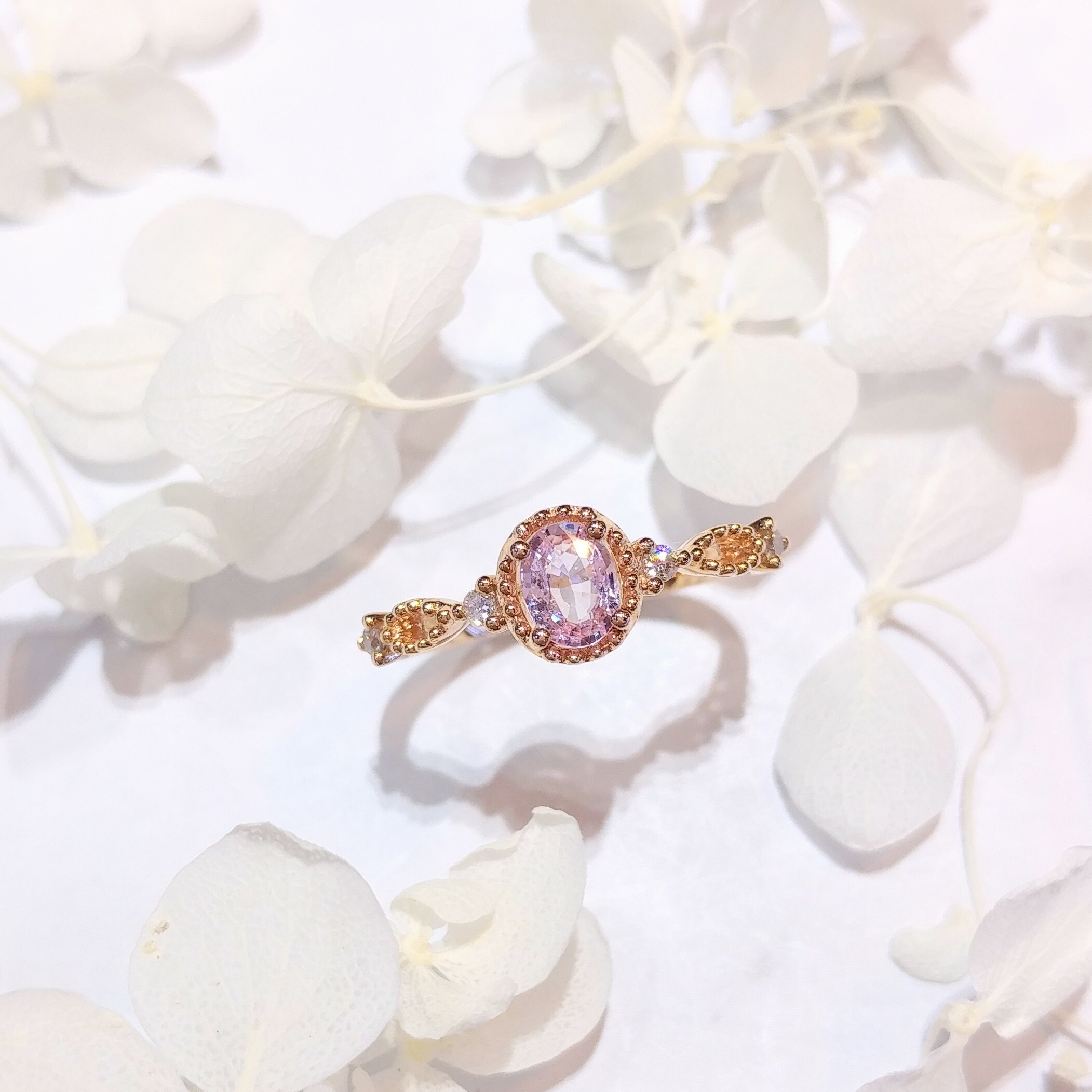 全新18K玫瑰金【單粒36份粉紅藍寶】配7份鑽石戒指