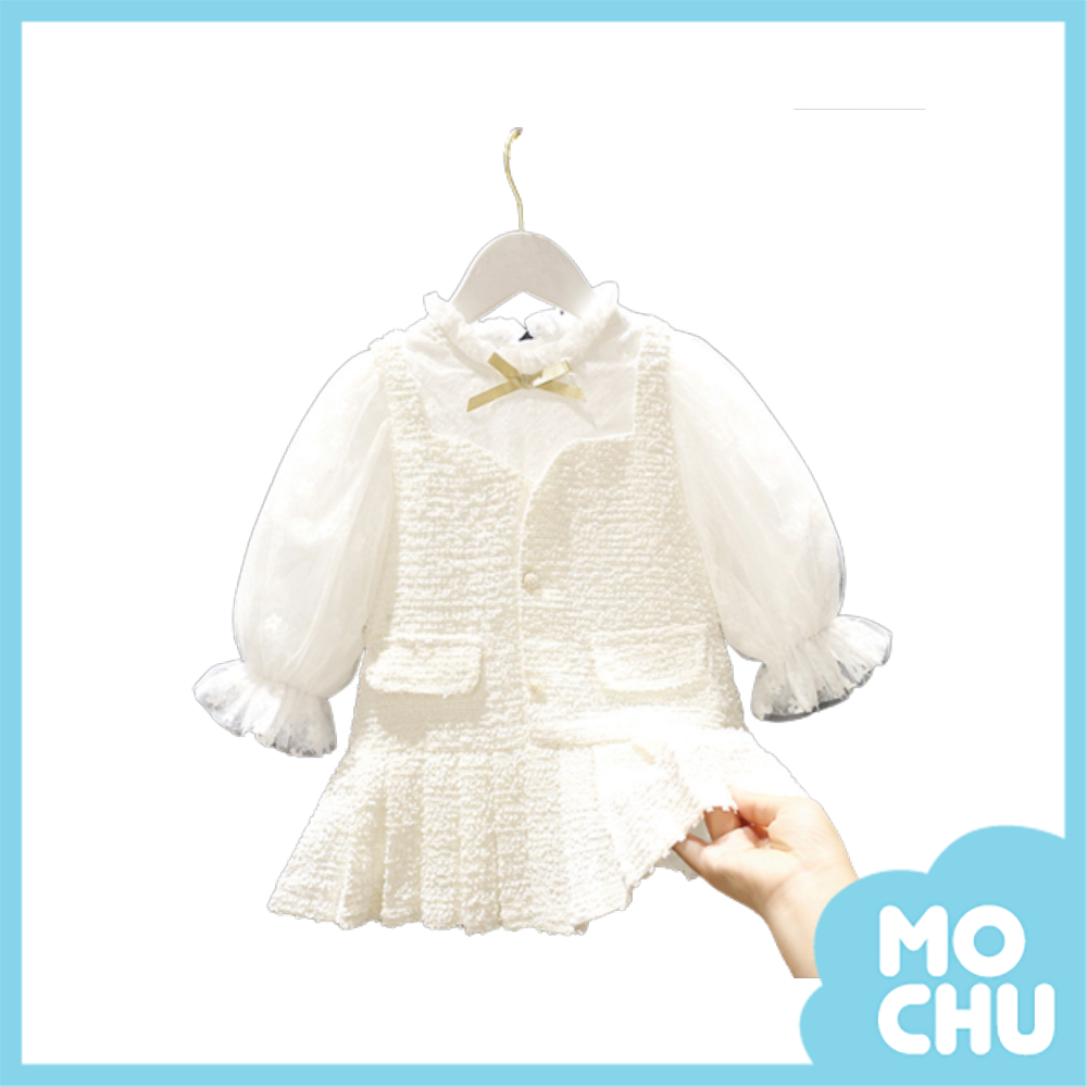 珍珠排扣假兩件連衣裙