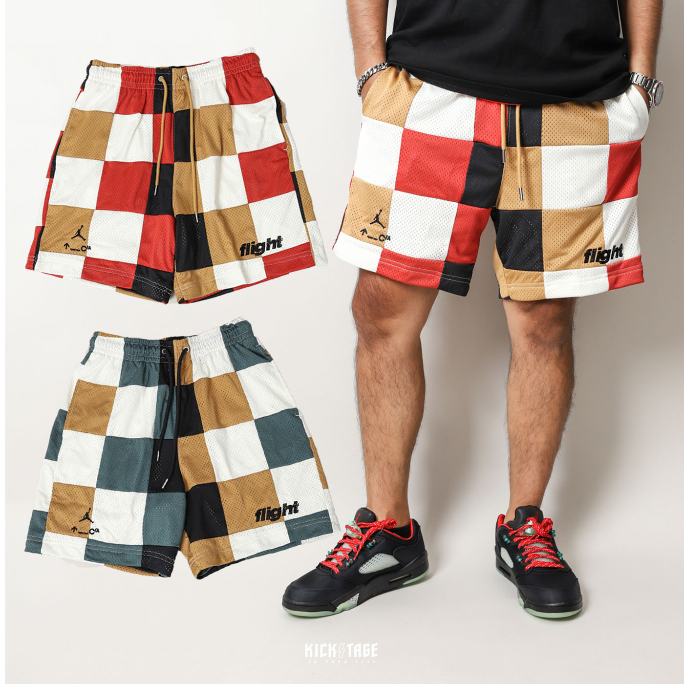 **特價商品售出不退換**男款 JORDAN FLIGHT SHORTS 綠棕 紅棕 格子 格紋 刺繡 網眼 透氣 籃球褲 短褲【DQ8348-384】