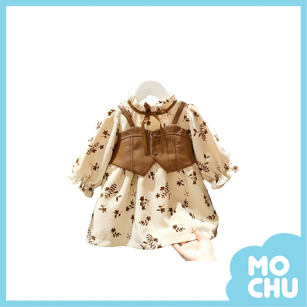 碎花拼接咖色加絨皮裙