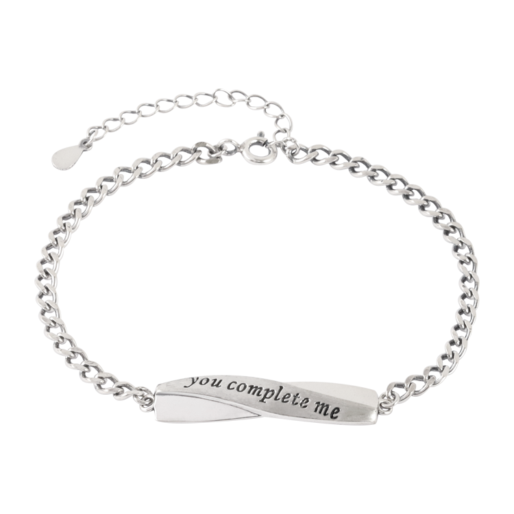純銀手鍊，情侶手鍊 曲線銀牌造型；you complete me 你使我人生完整（2661男款）