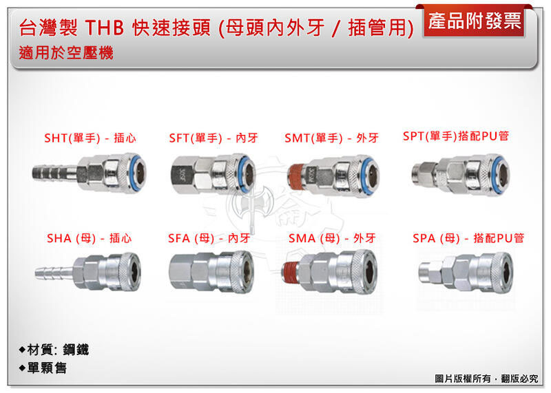 ＊中崙五金【附發票】台灣製 THB 快速接頭 (母頭內外牙 / 單手 / 插管用)鋼鐵製 空壓機 氣動快速接頭(單顆售)