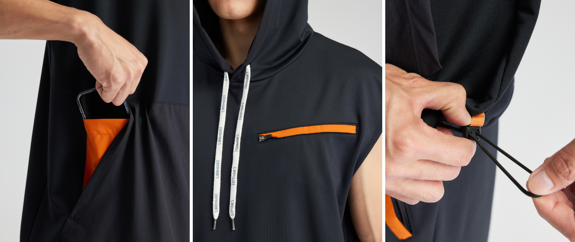 無袖連帽上衣的設計細節，口袋與鬆緊帶