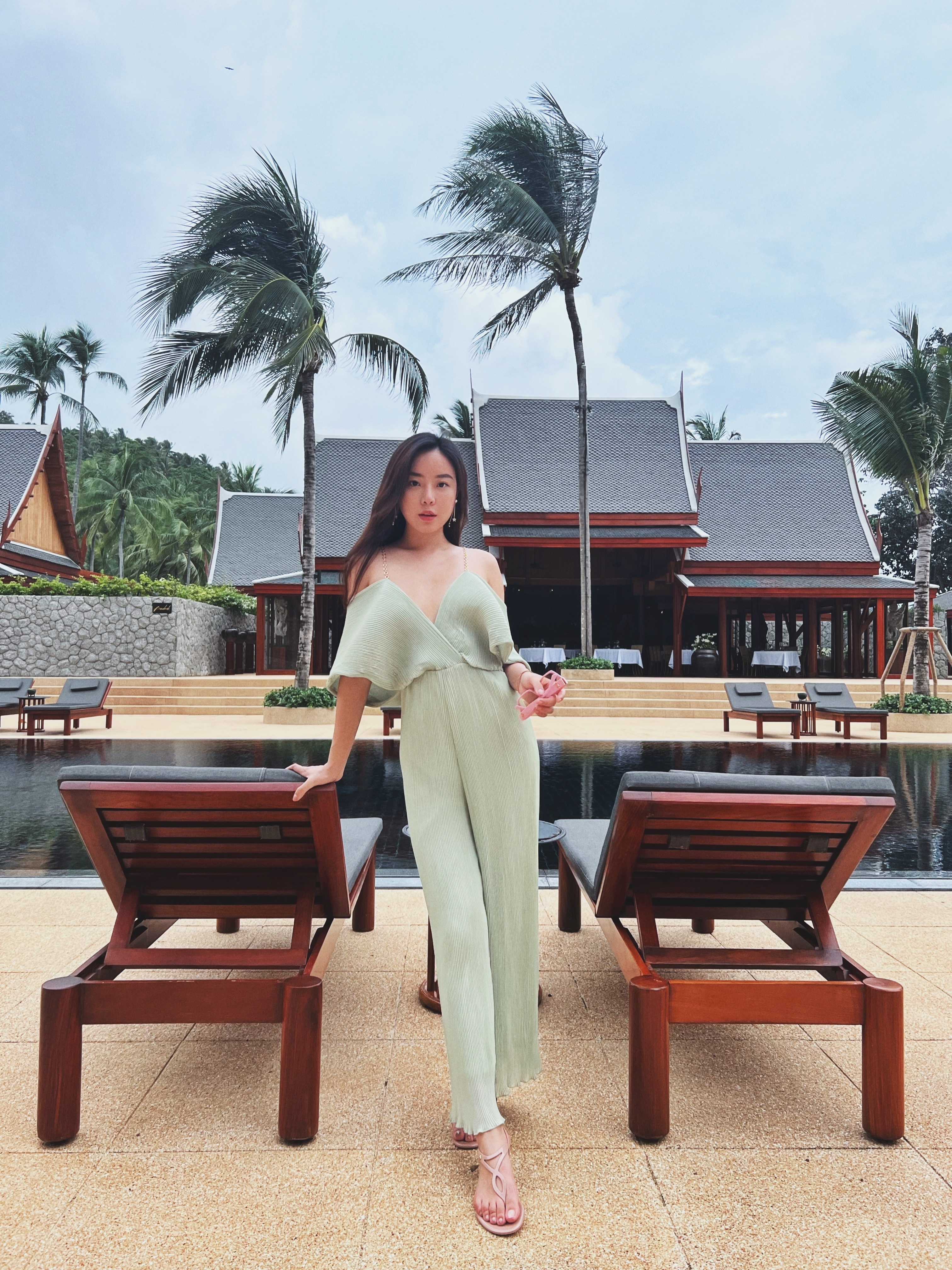 Basil 羅勒清晨 深V鏈條雪紡連身褲