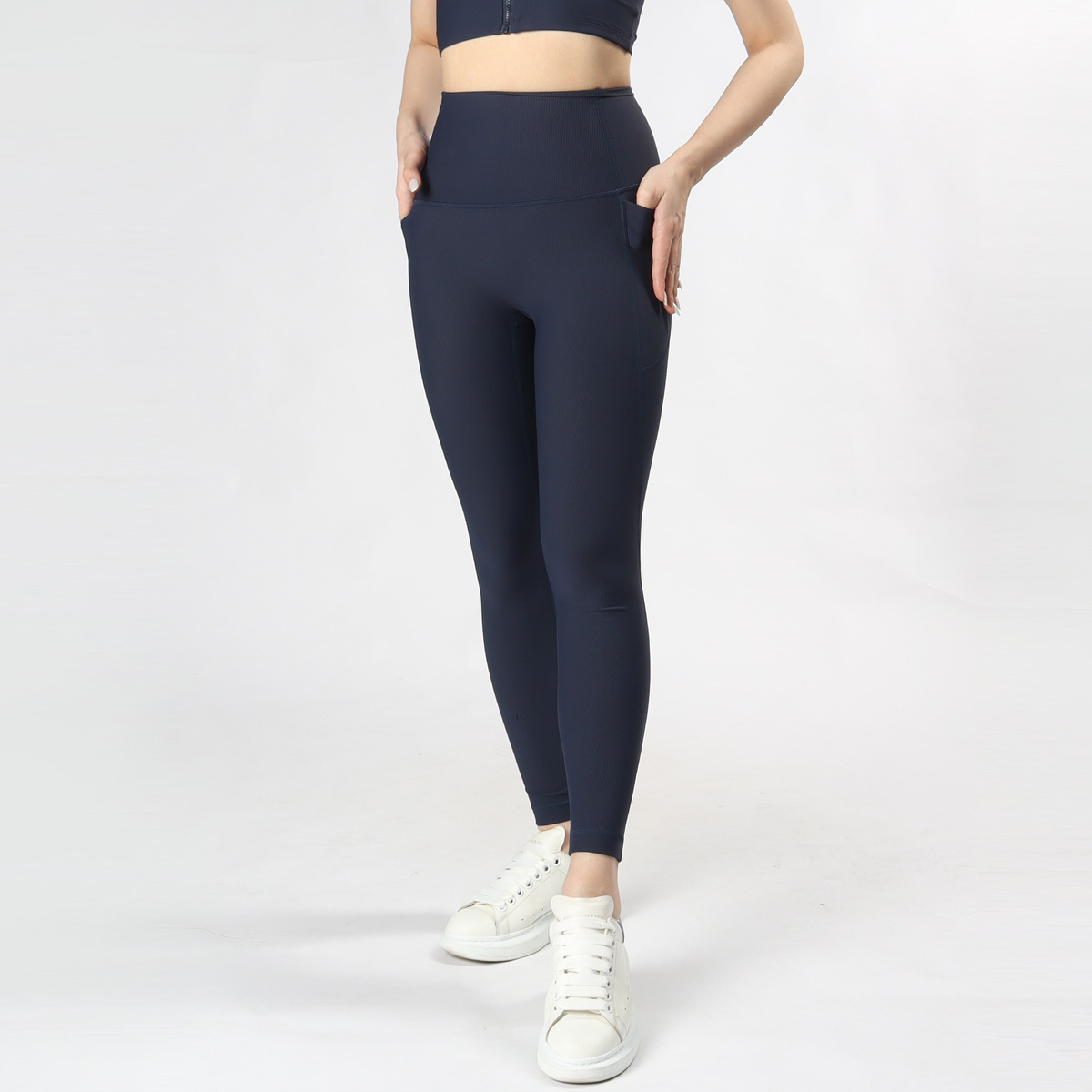 高腰細羅紋無尷尬線側口袋九分瑜珈/運動/緊身機能褲*