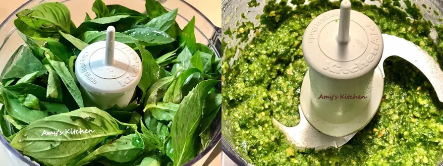 3.把材料通通放進攪拌機裡打。 (九層塔要都乾沒有水才不會影響青醬品質)