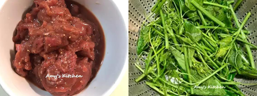 5.牛肉片洗過去血水，用醃料抓醃10分鐘備用。