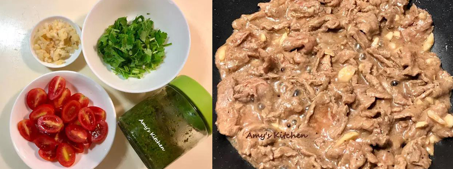 7.蒜頭剝膜切粗末。 青醬從冷藏取出。 小番茄洗淨瀝乾每顆切對半。 (香菜是另一道涼拌菜材料請忽略，還沒喝咖啡沒醒誤入)