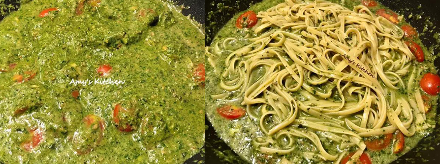 9.煎牛肉原鍋小火把蒜末留在鍋中，先加小番茄跟鍋中牛肉湯汁還有蒜片翻炒一下，再加青醬跟100CC煮麵水到鍋中蓋鍋熬至小滾。(自己打的青醬味道很純粹不會有市售青醬說不出的奇怪味道)