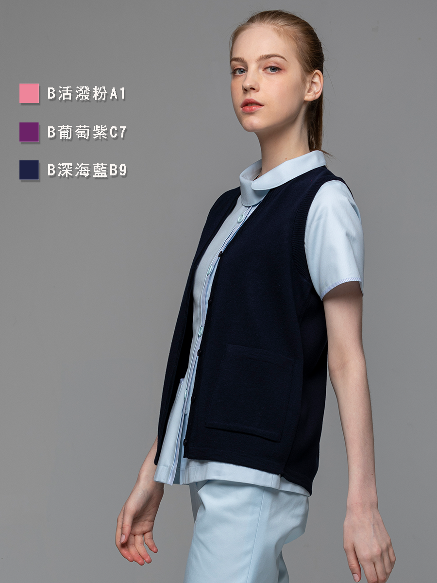 【 W460-B9 】女開襟背心-W混紡羊毛-深海藍