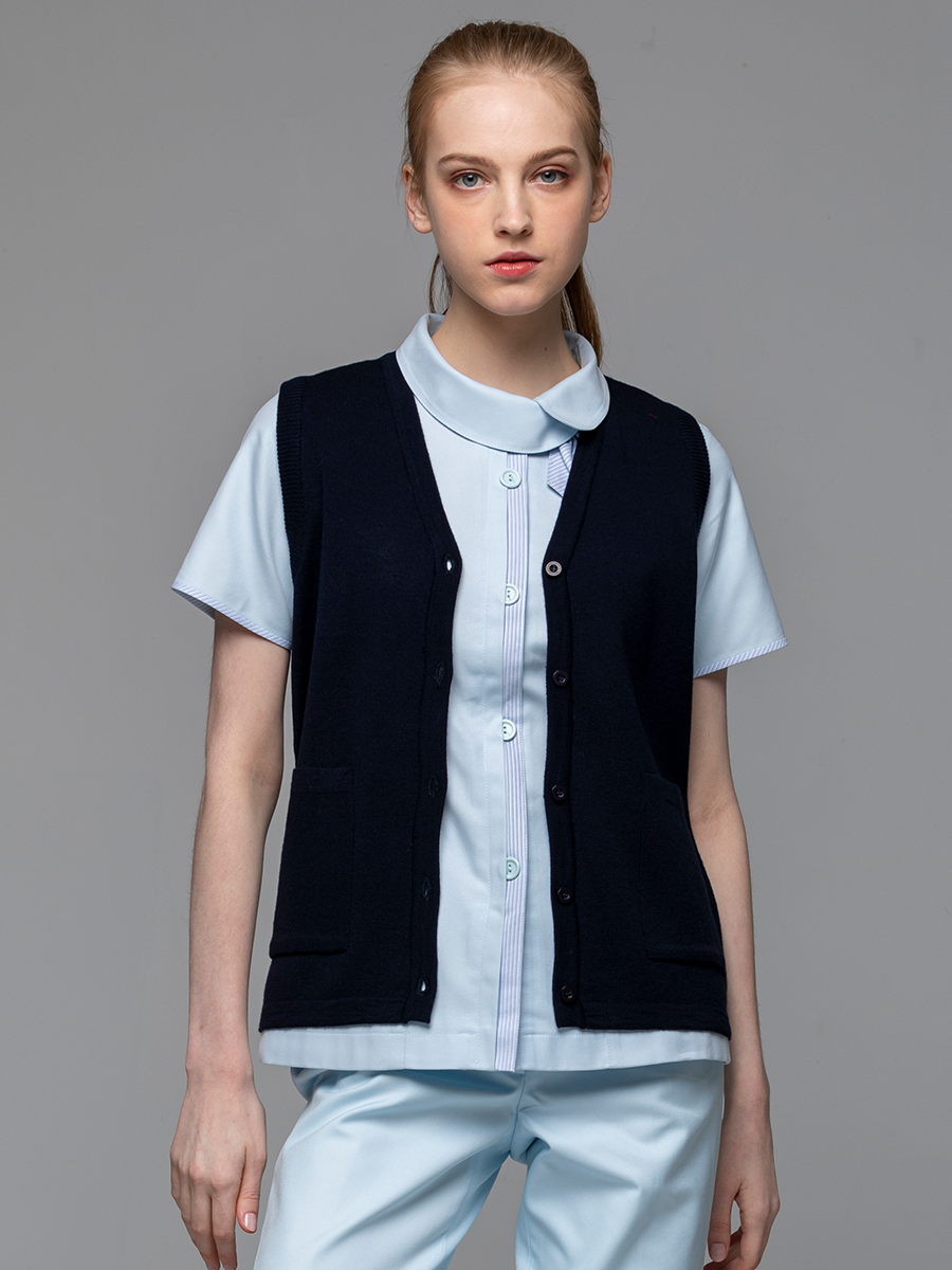 【 W460-B9 】女開襟背心-W混紡羊毛-深海藍