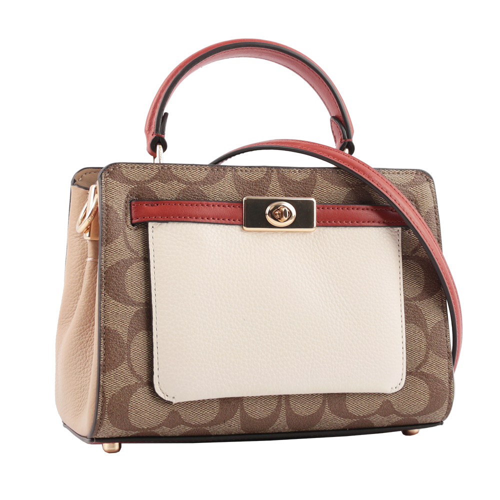 【COACH】Lane 拼色塗層帆布迷你二用包(卡其/白色/紅色)