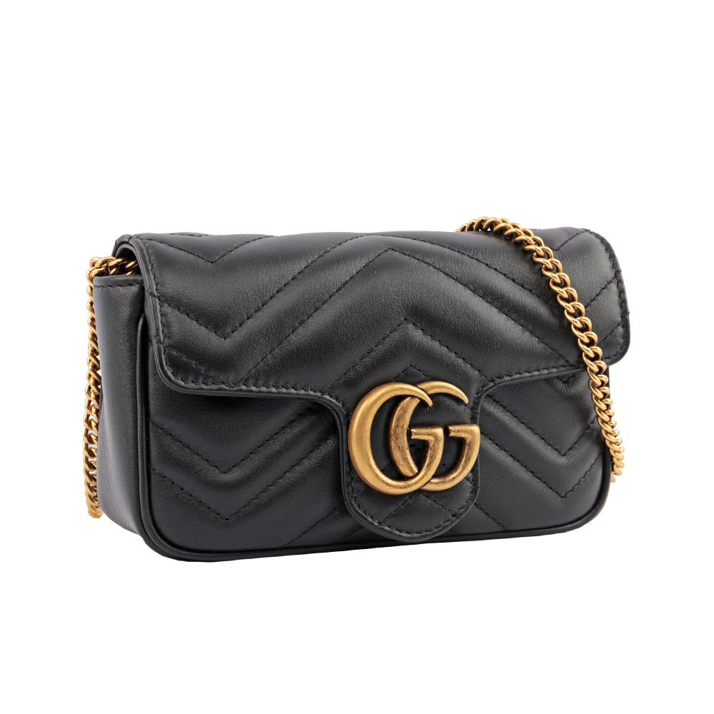 【GUCCI】GG Marmont牛皮翻蓋肩背/斜背鏈包(mini款)(黑色)