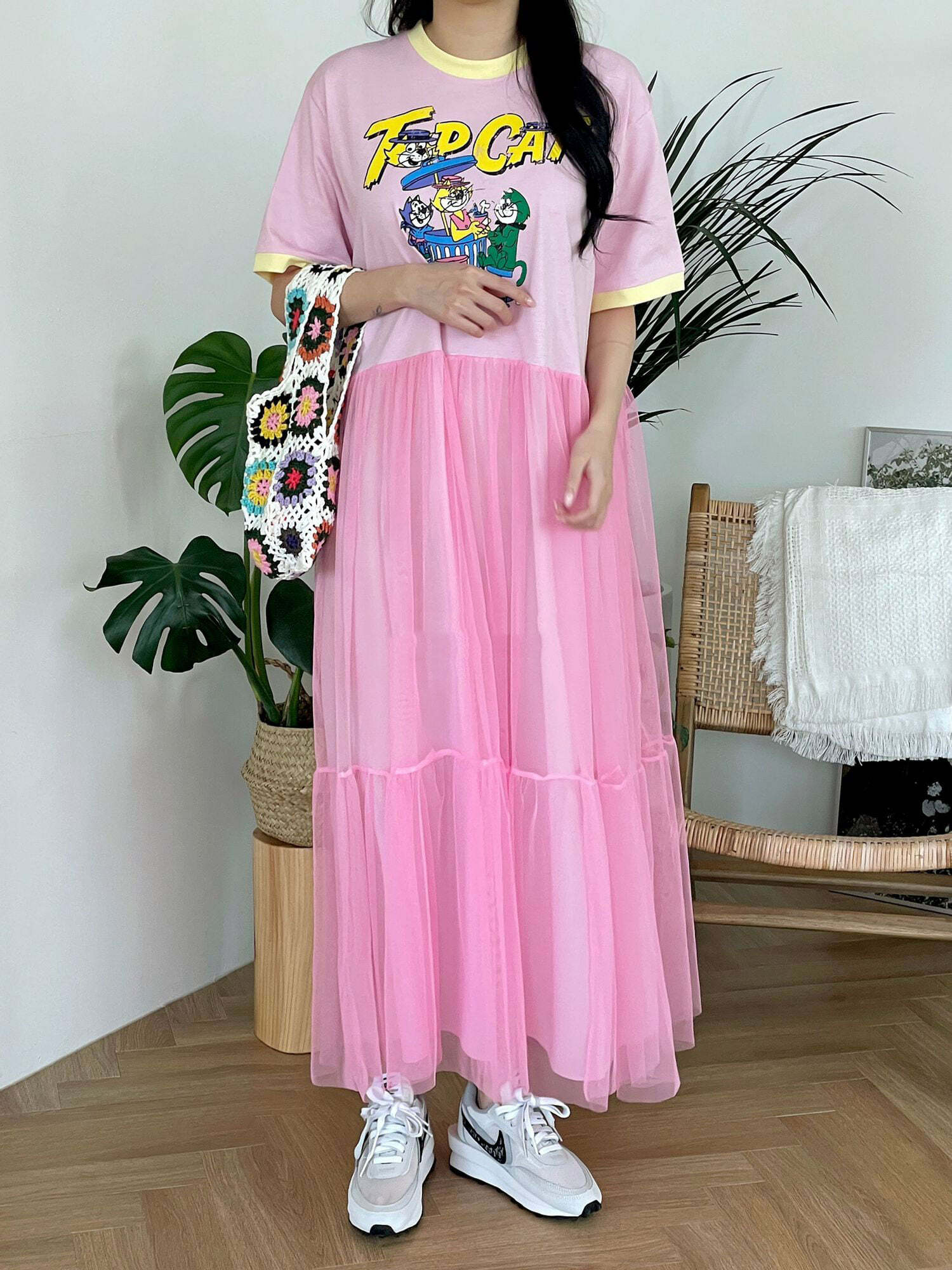 貓咪三劍客拼接紗裙洋裝