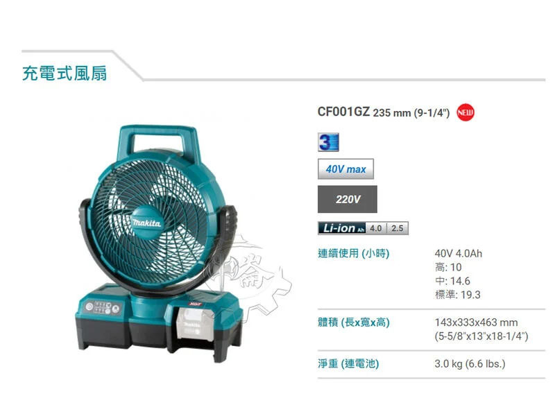 ＊中崙五金【附發票】牧田 40V交/直流兩用充電式風扇 CF001GZ (單主機) 可擺頭 110V-220V附變壓器