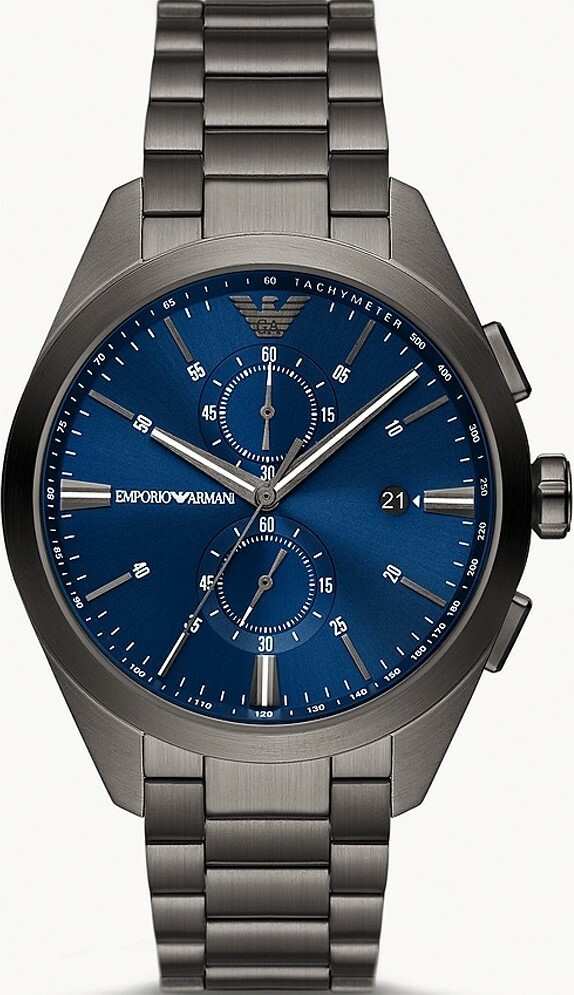 萬年鐘錶 - ARMANI  精品腕錶   全黑藍面經典三眼不鏽鋼男錶  AR11481  錶徑43MM