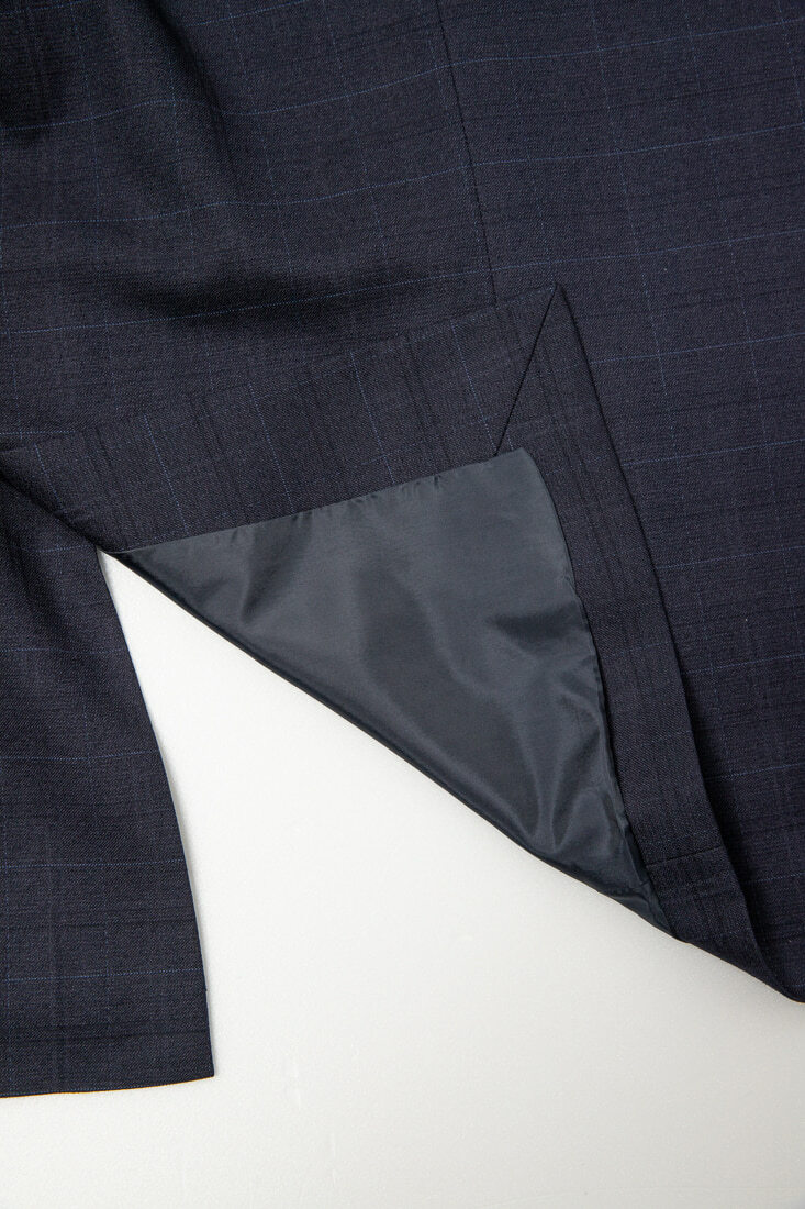 藍色格紋西裝男正裝-後開中叉設計