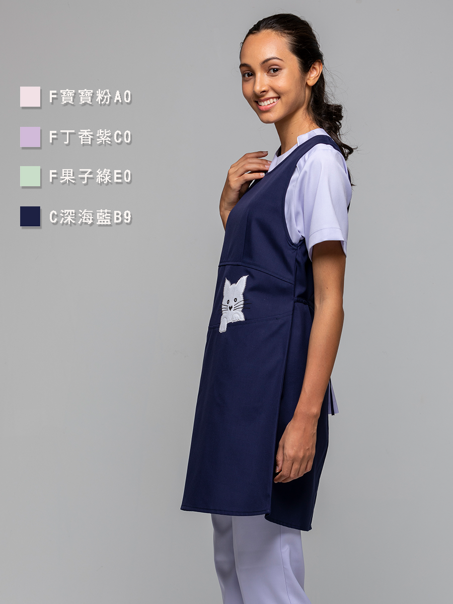 【 C605A-B9 】無防潑水圍裙-C經典布-深海藍-貓咪