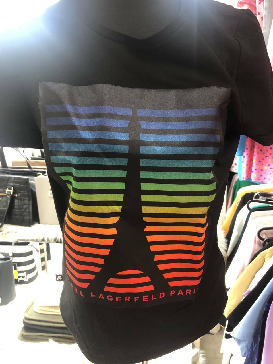 [S] KARL LAGERFELD RAINBOW STRIPE EIFFEL TOWER TEE,BLACK, L1WH0087-BLK (SKL281)