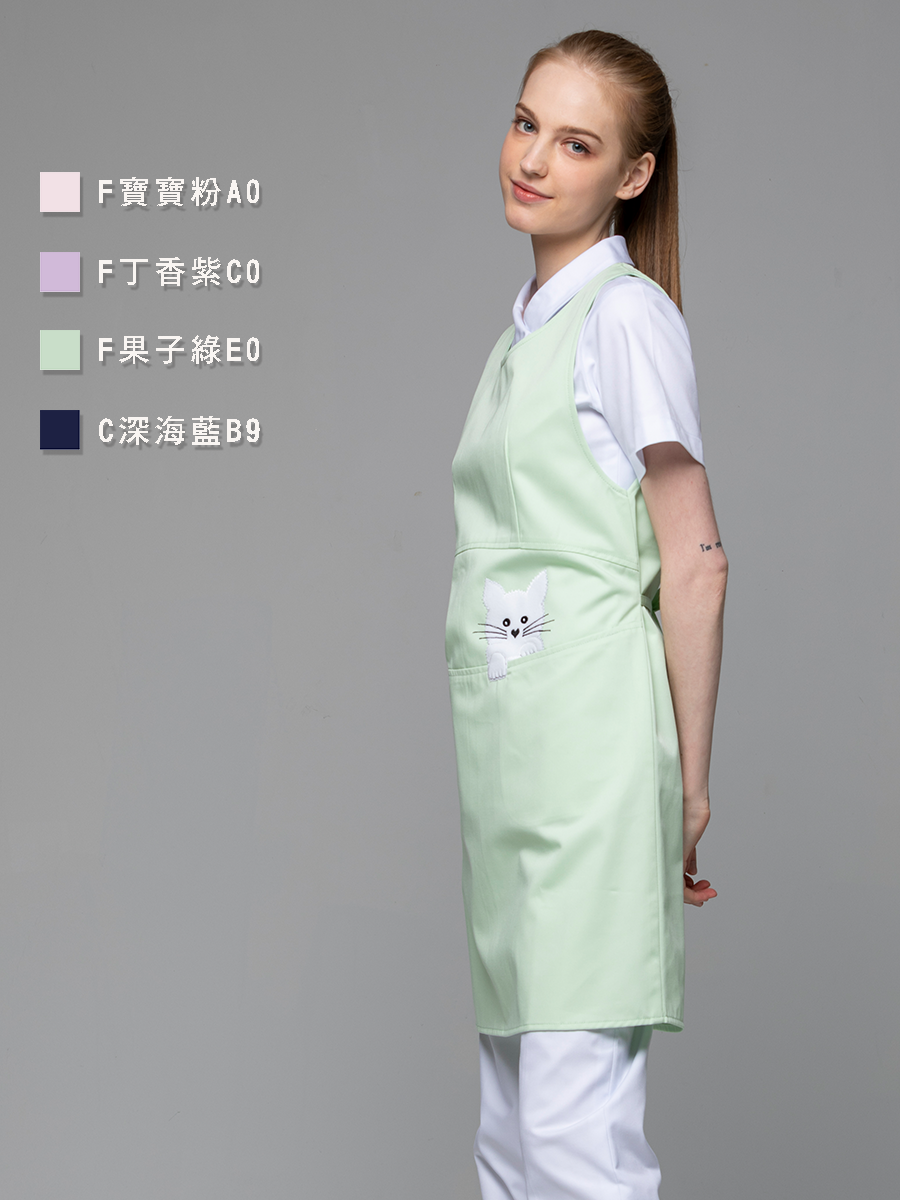 【 F605A-E0 】防潑水圍裙-F防潑水布-果子綠-貓咪