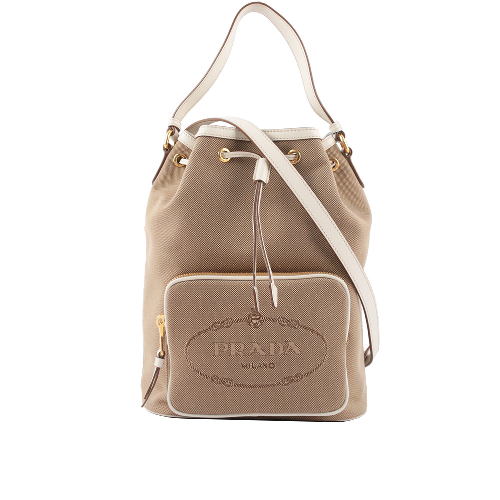 【Prada】刺繡Logo帆布拼皮革飾邊二用水桶包(大款)(白色/卡其色)