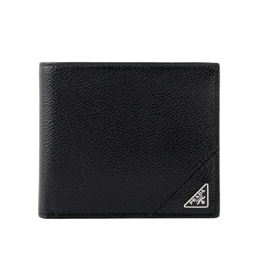 【Prada】三角牌Logo粒紋牛皮對開8卡短夾(黑色)