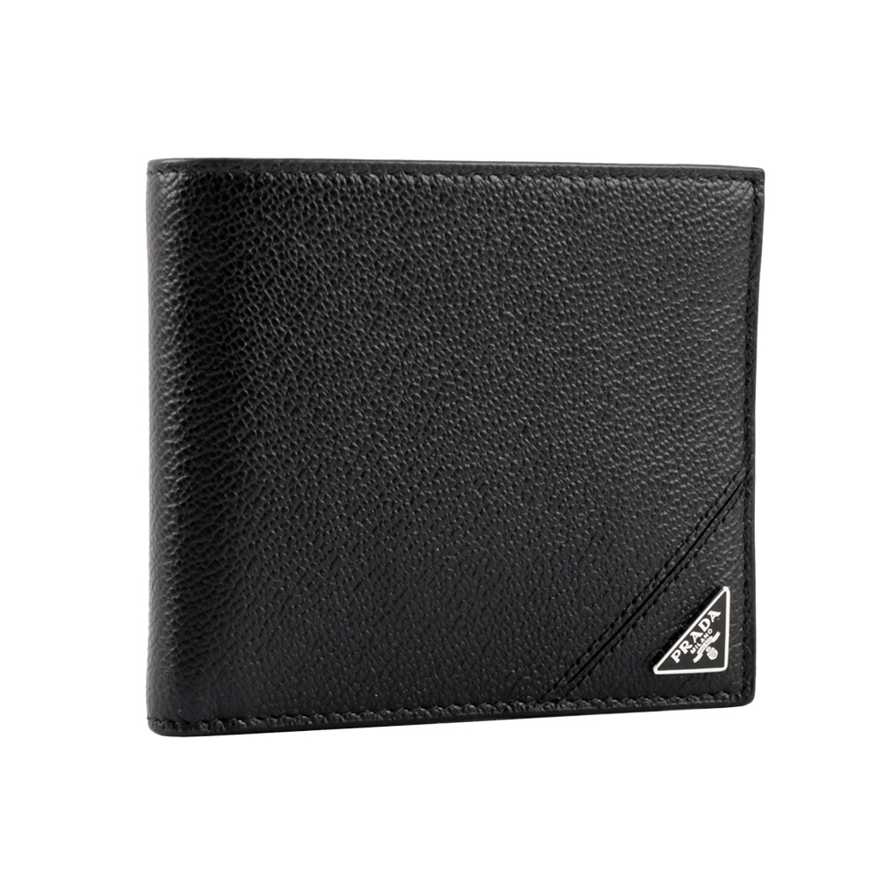 【Prada】三角牌Logo粒紋牛皮對開8卡短夾(黑色)