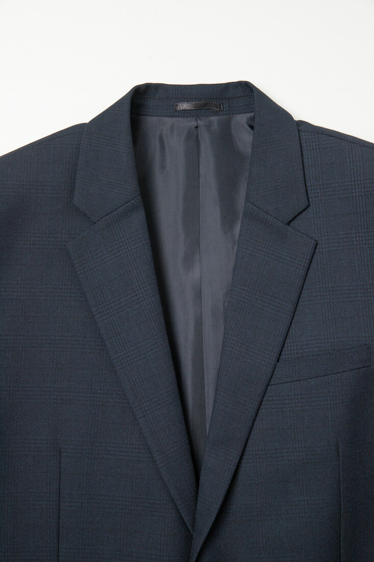 深藍格紋西裝男正裝-領口設計