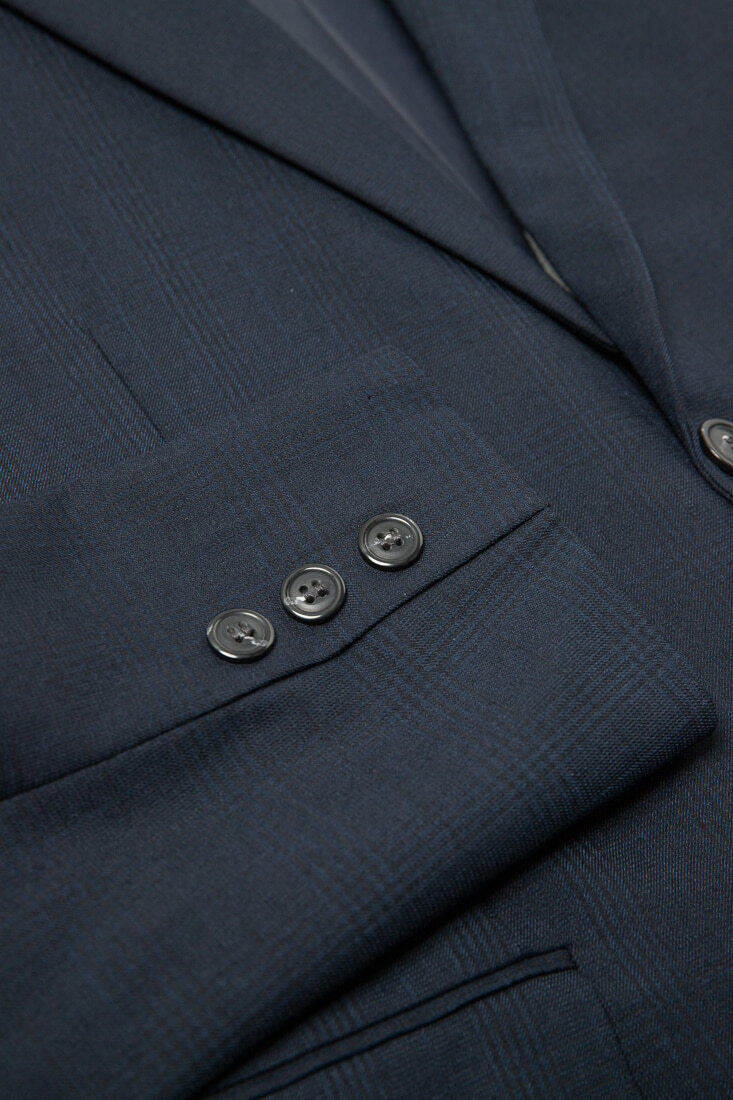 深藍格紋西裝男正裝-排釦設計