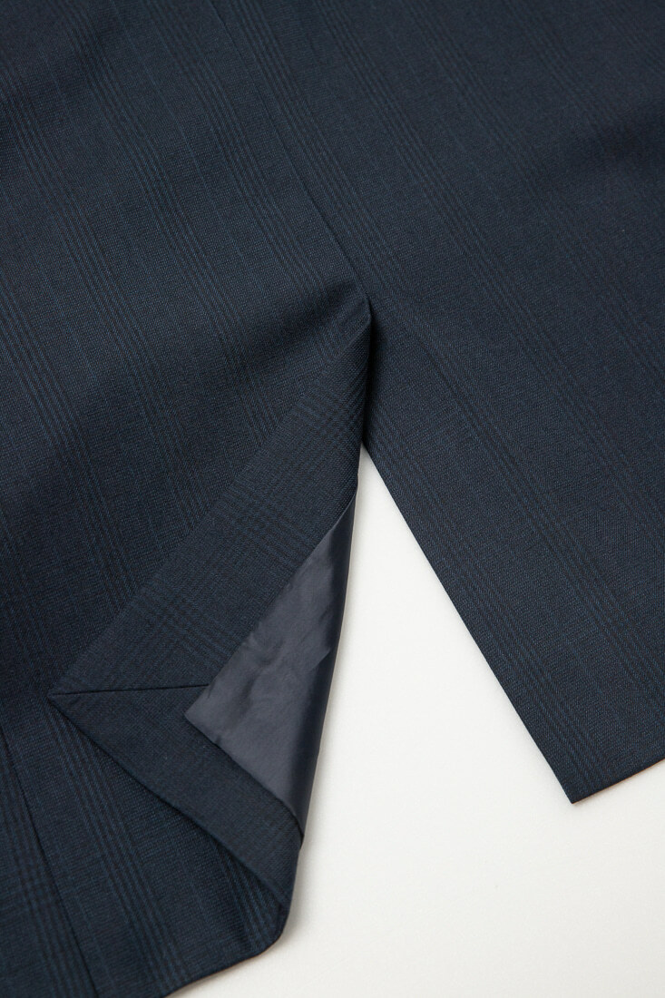 深藍格紋西裝男正裝-後開中叉設計