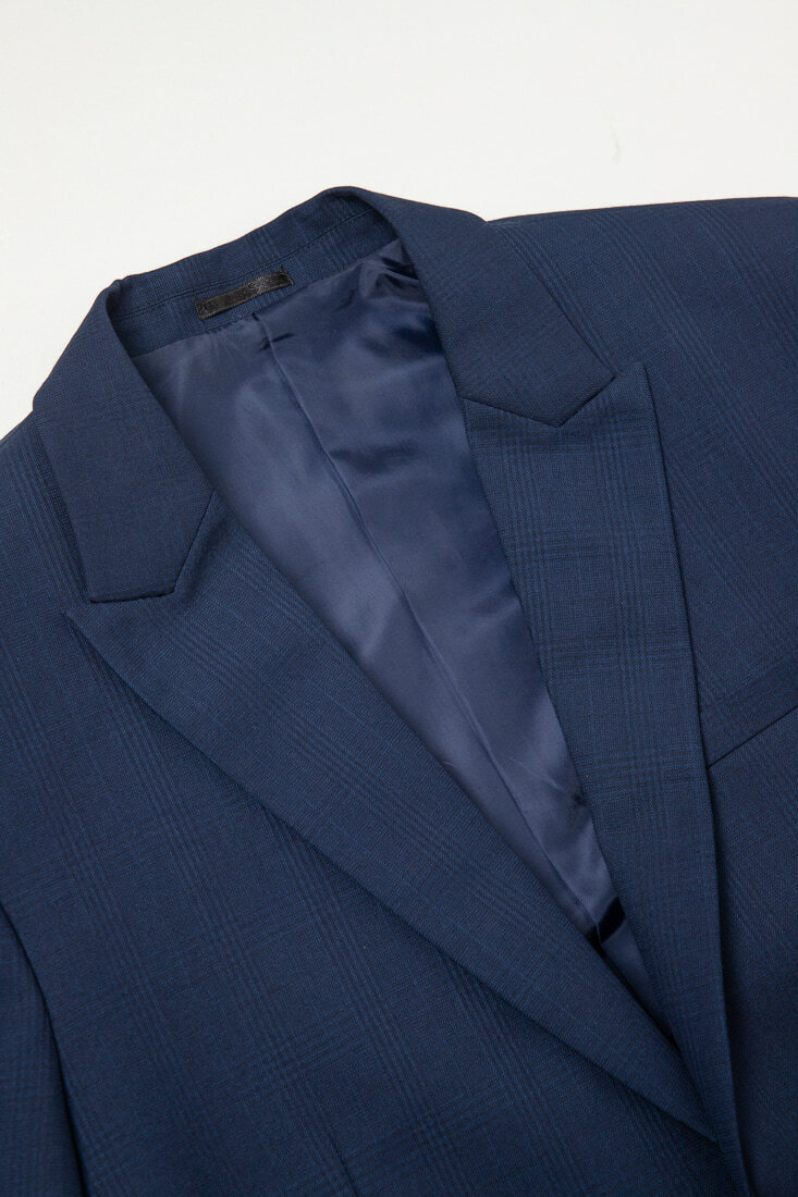寶藍格紋西裝男正裝-領口設計