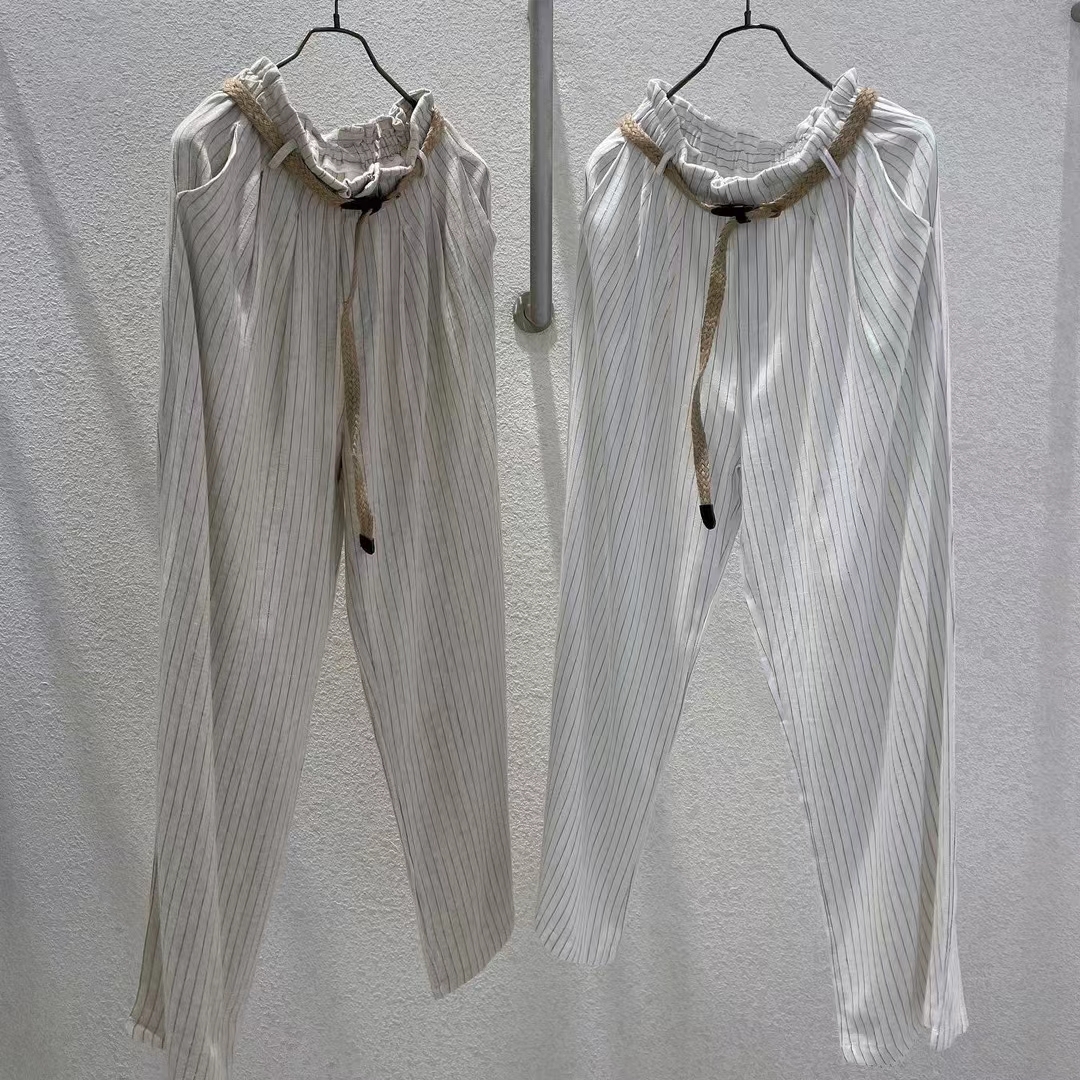 LCC025 連織紋腰帶直紋棉麻闊褲