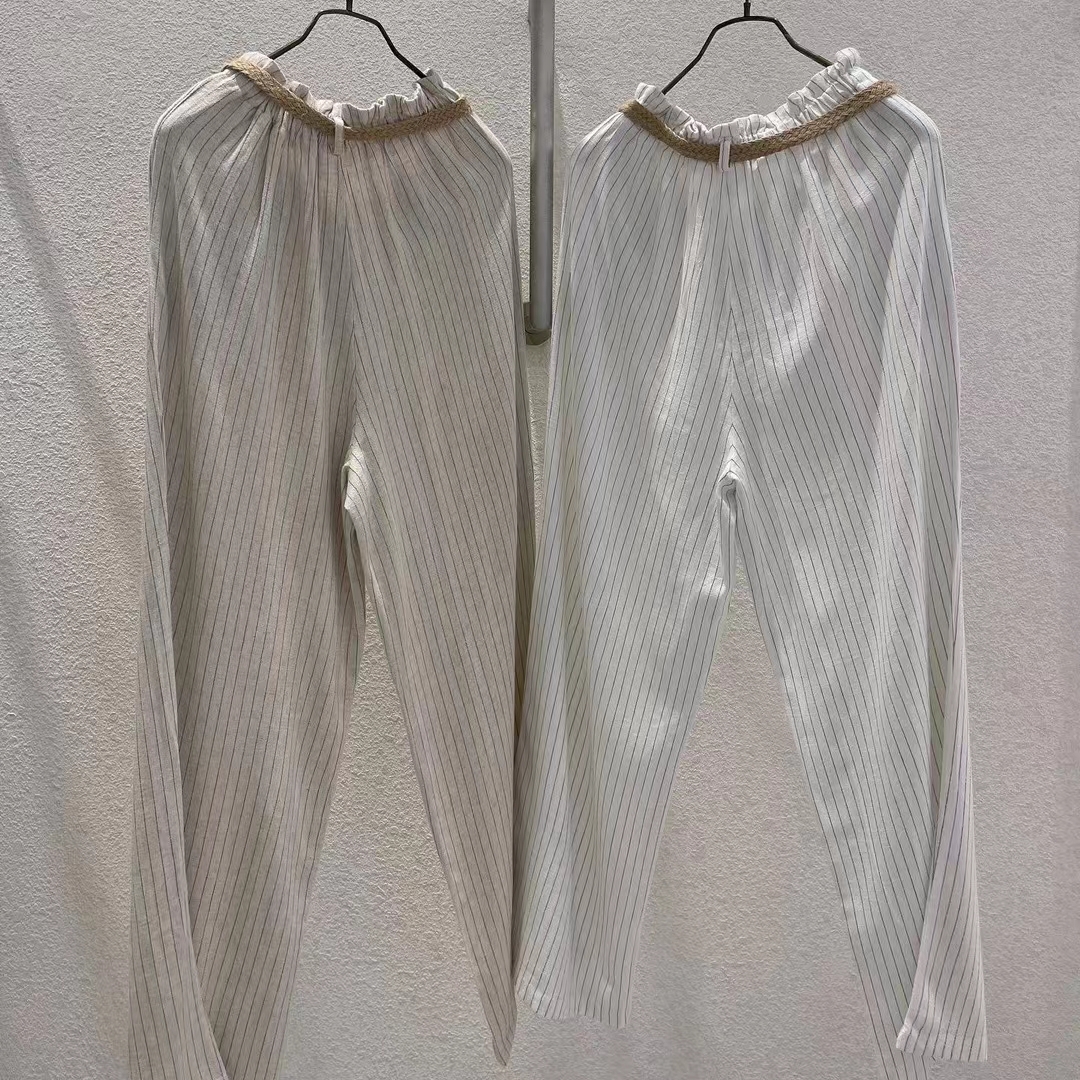 LCC025 連織紋腰帶直紋棉麻闊褲