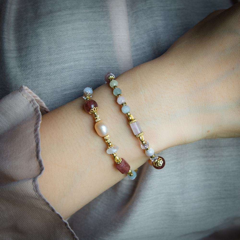 抱得美人歸｜摩根石草莓晶紫珍珠雙圈手鍊 C1452