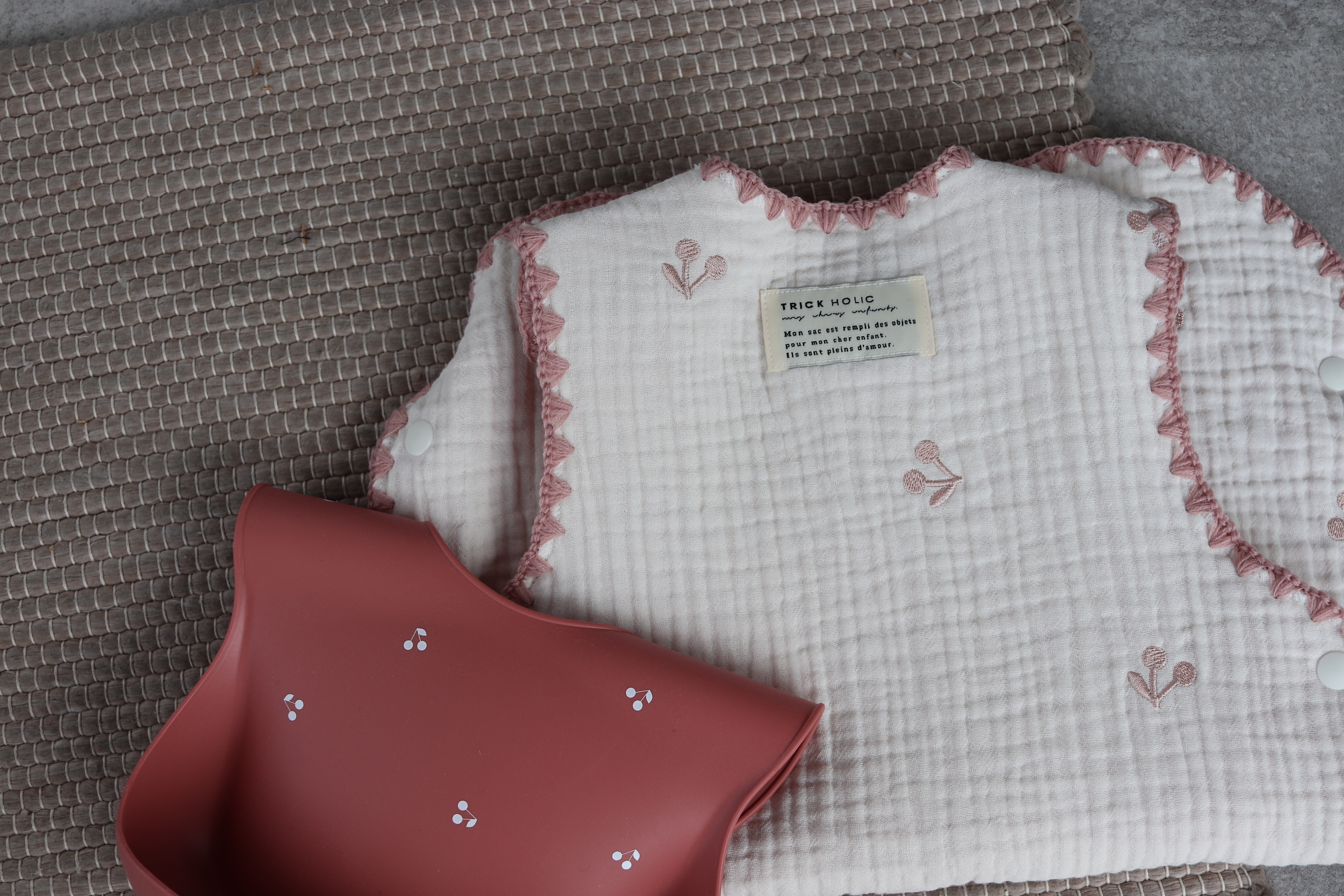 粉紅櫻桃6層紗布刺繡睡衣