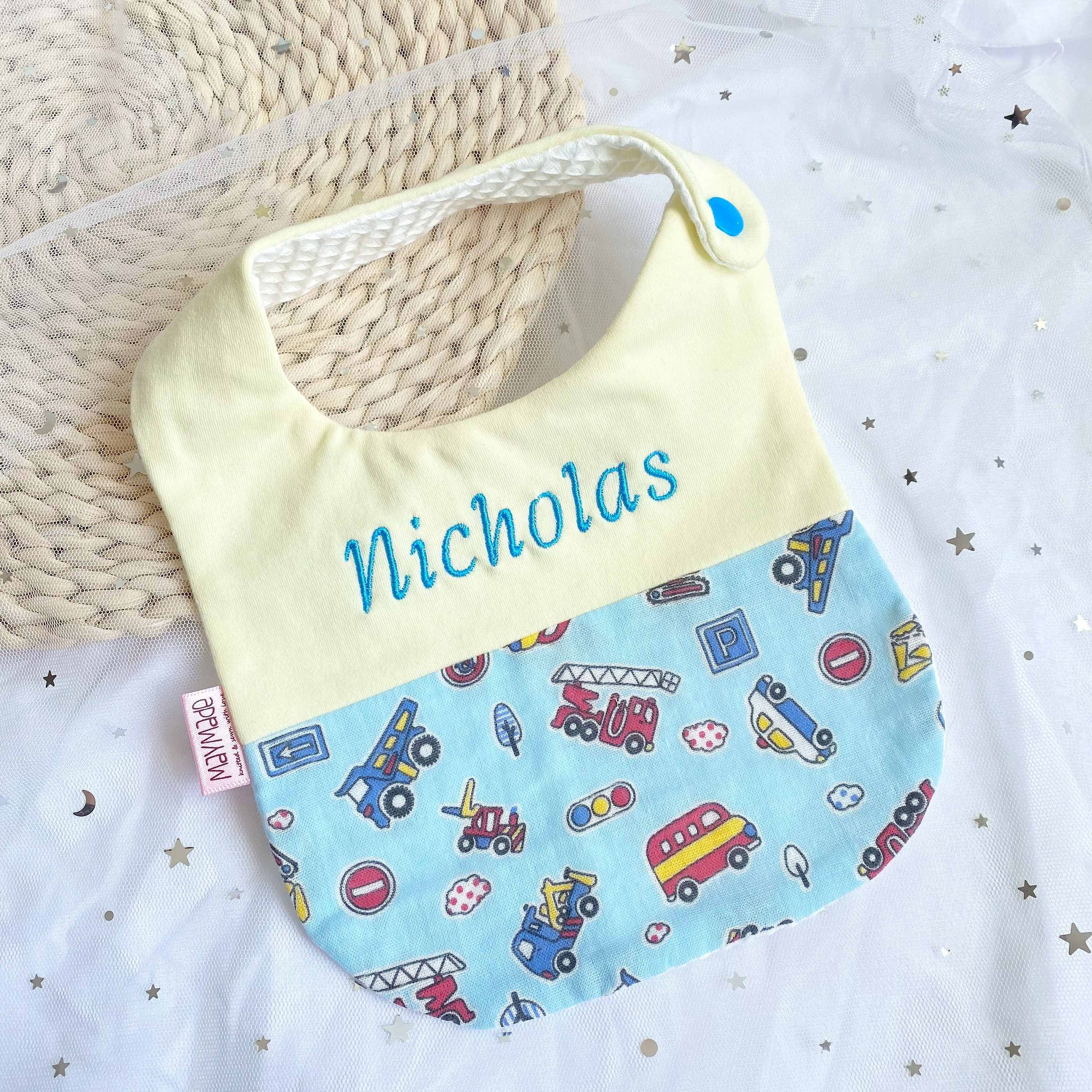 救急車圖案 拼布款繡名口水肩