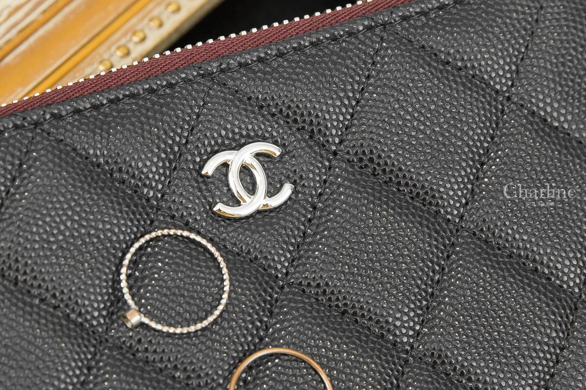 Chanel Classic Mini Pouch 黑色銀CC酒紅內裡荔枝菱格紋拉鍊零錢包