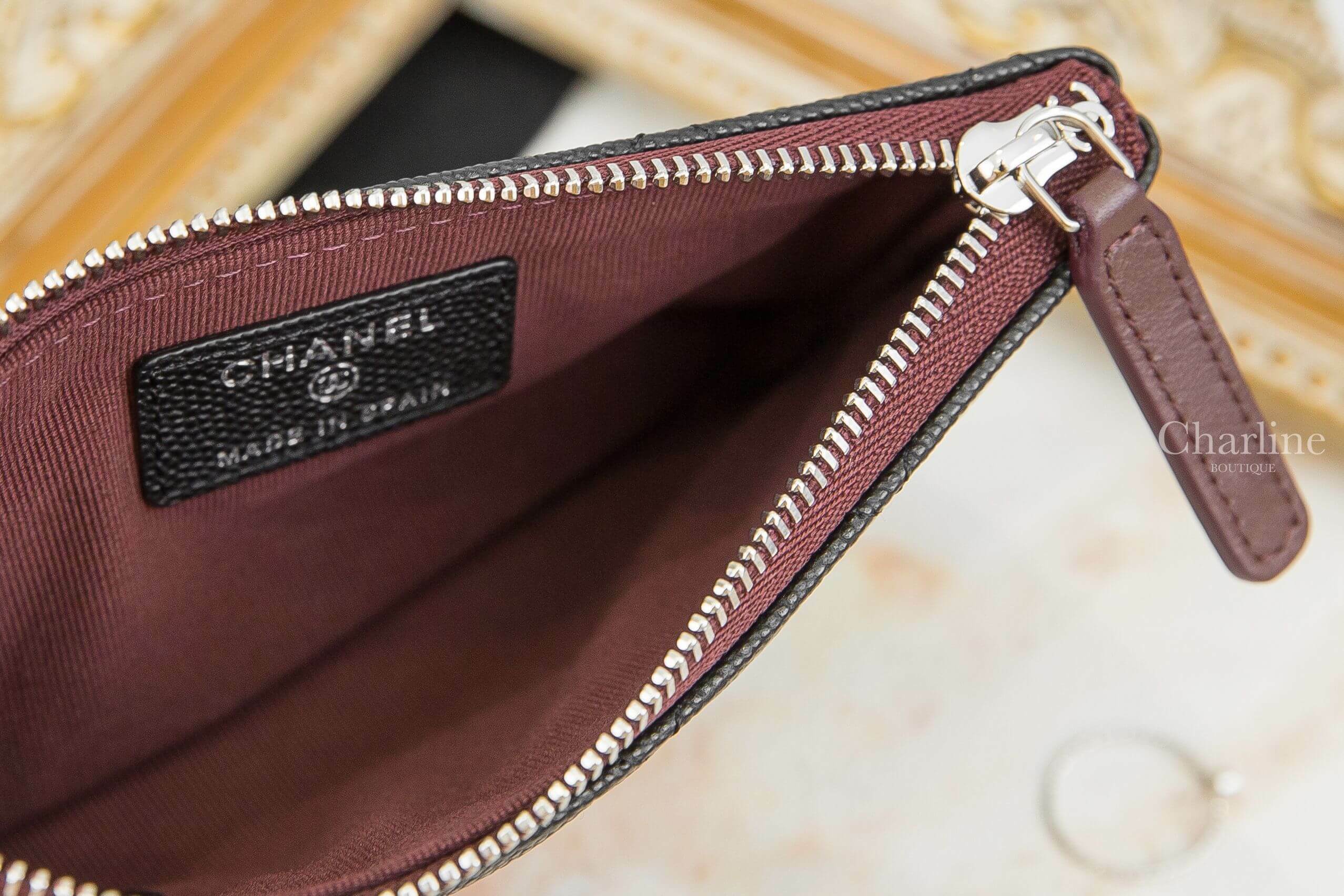 Chanel Classic Mini Pouch 黑色銀CC酒紅內裡荔枝菱格紋零錢包-Charline Boutique 精品代購