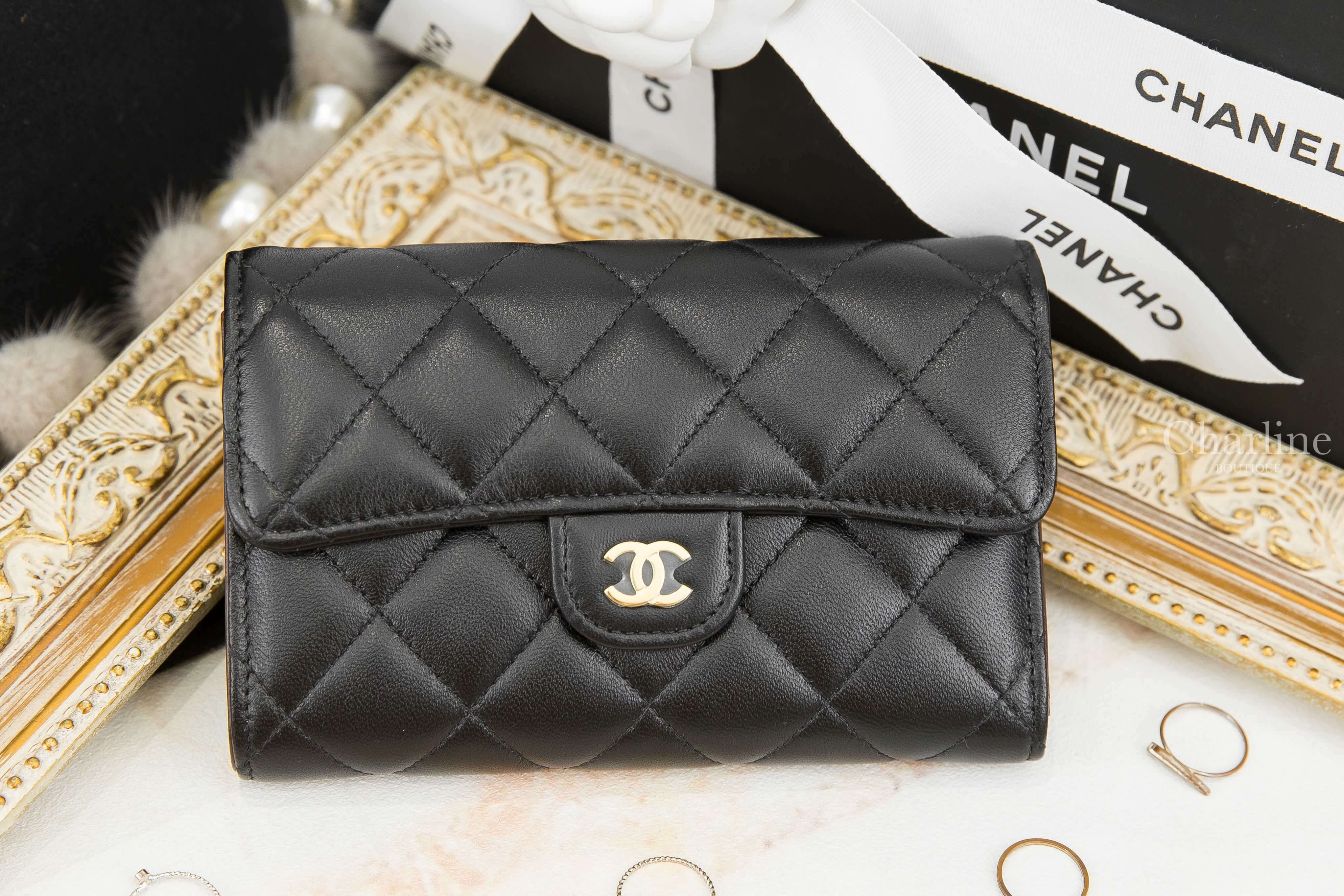 Chanel Medium Flap Wallet 黑色金CC羊皮菱格紋前釦式中夾