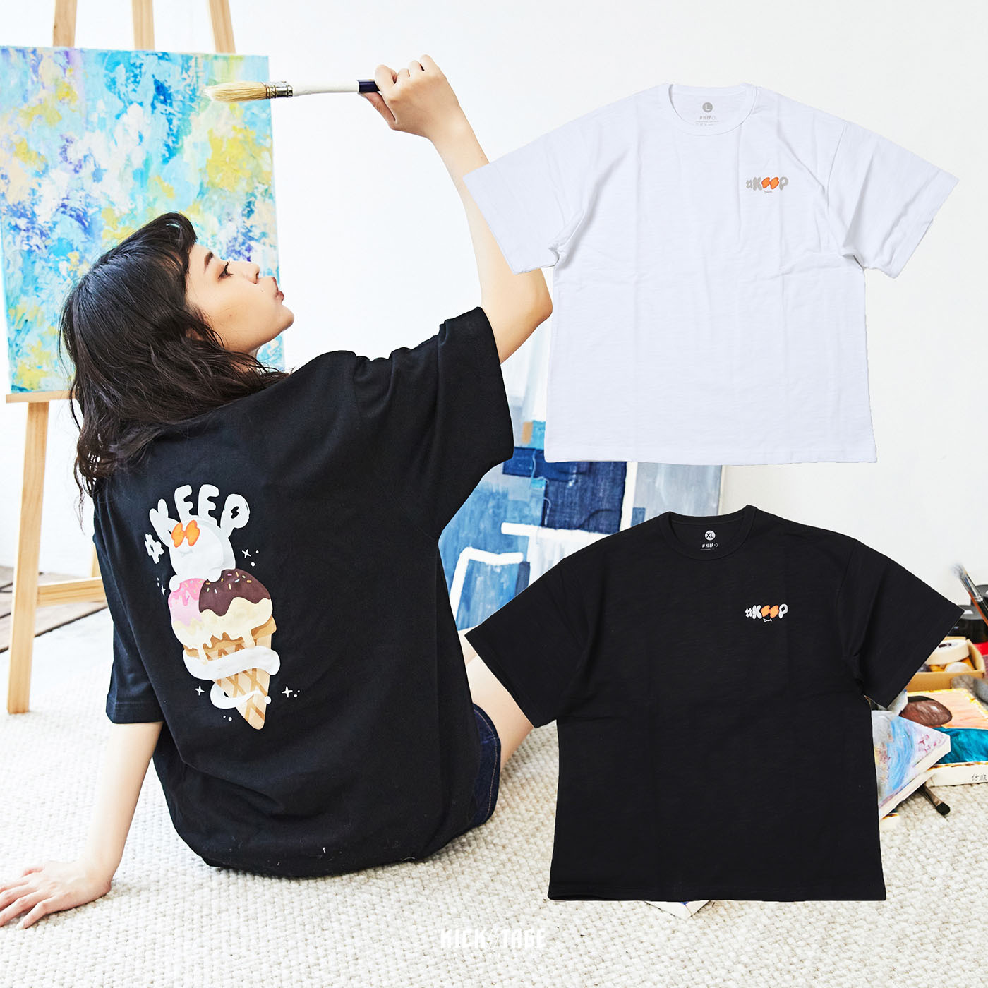 **特價商品售出無退換**#KEEP ICE CREAM TEE 白色 黑色 鬼魂冰淇淋 美式插畫 閃電微笑 竹節棉 短T 兒童 成人【KS133】