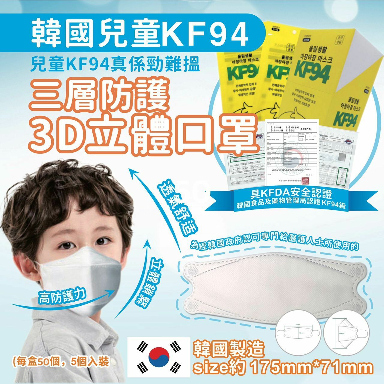 韓國製搖擺兒童KF94三層防護口罩(1盒50個)