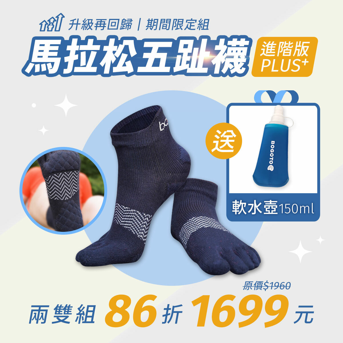 【馬拉松五趾襪-進階版PLUS⁺】全新升級再回歸！9/6~9/20跑步開學季限定組合，兩雙組下殺86折只要$1699(原價$1960)，加碼再送軟水壺！