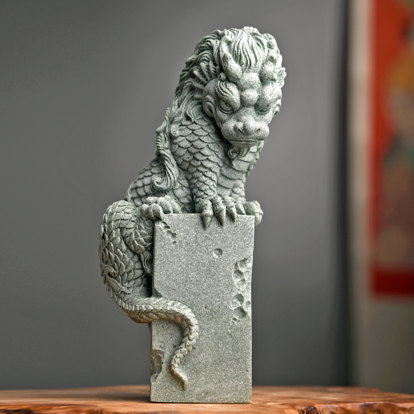 傳藝工坊- 『招財臨門Q版瑞獸盤龍柱』祥獸青砂石塑