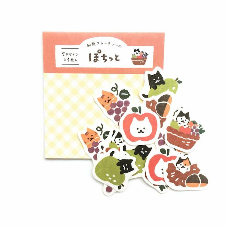 水果與貓咪 和紙貼紙包(20 枚)｜日本古川紙工