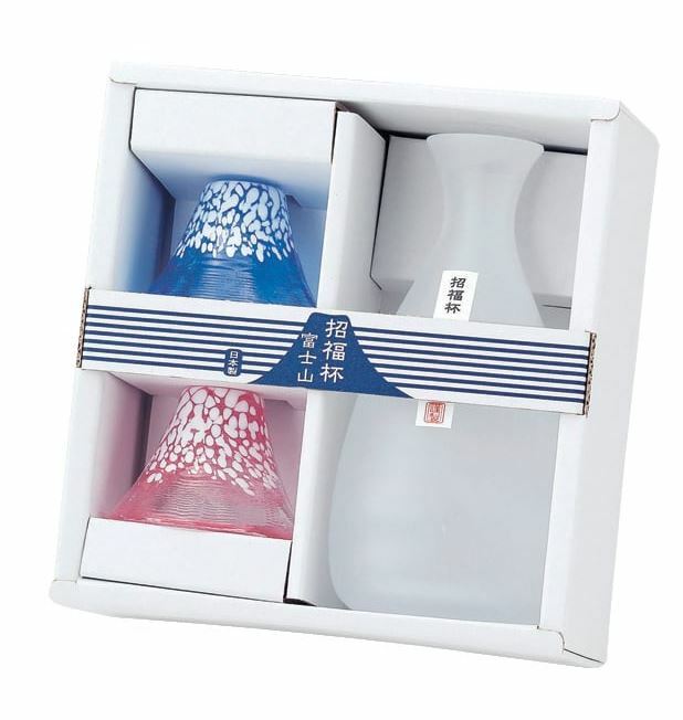 丸モ高木陶器 富士山形清酒杯2隻(紅+藍)及手製富士山清酒壺 禮盒裝