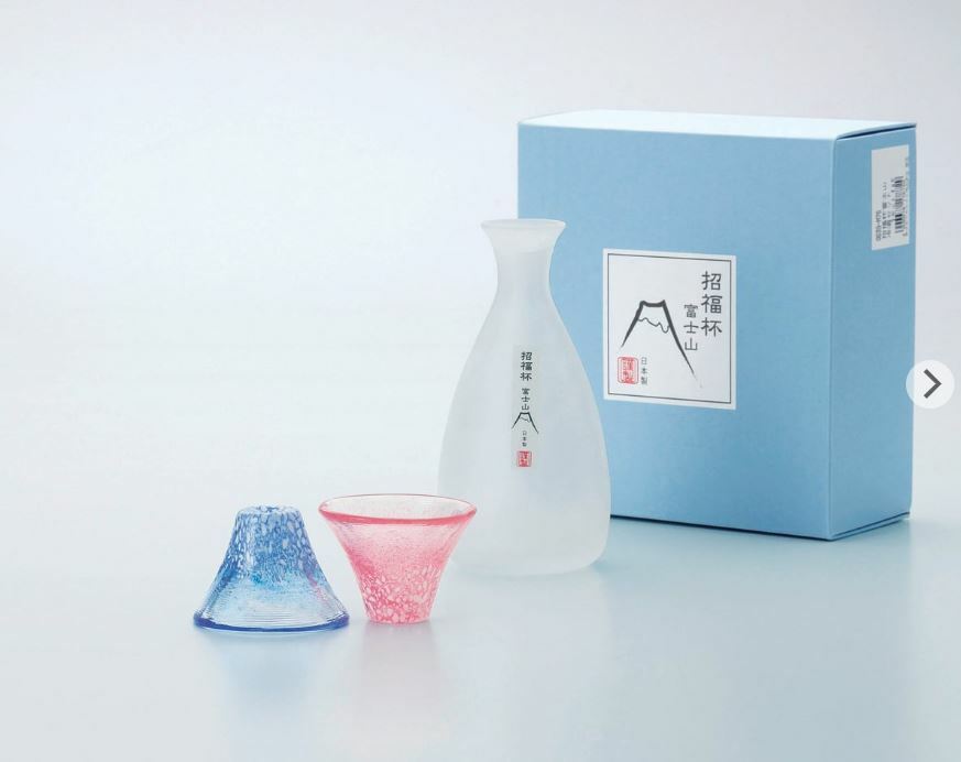 丸モ高木陶器 富士山形清酒杯2隻(紅+藍)及手製富士山清酒壺 禮盒裝