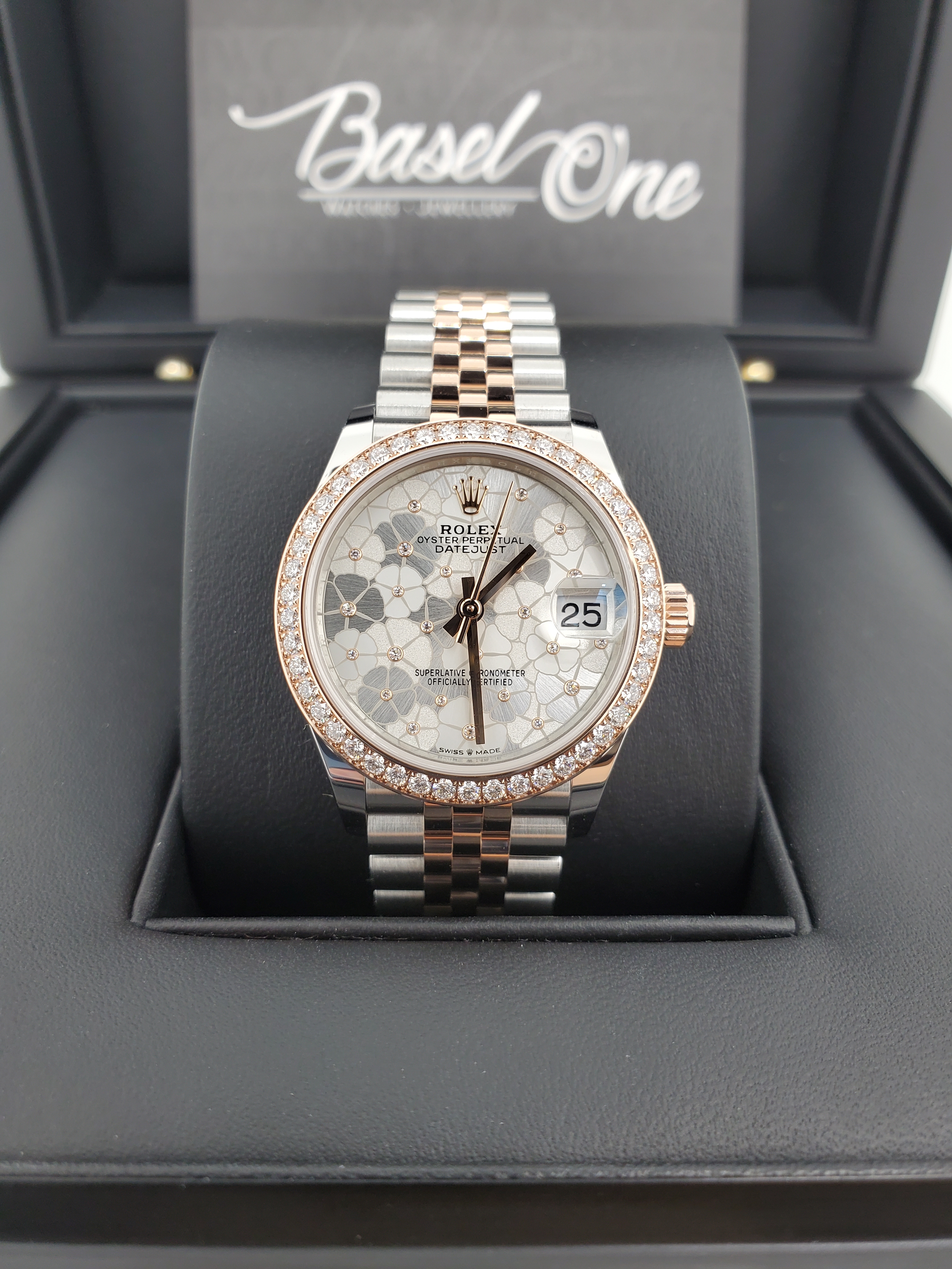 BRAND NEW ROLEX 278381rbr 278381 SILVER FLORAL-MOTIF DIAL WITH DIAMOND WHITE GOLD STEEL DATEJUST 31 JUBILEE STRAP 31 MM